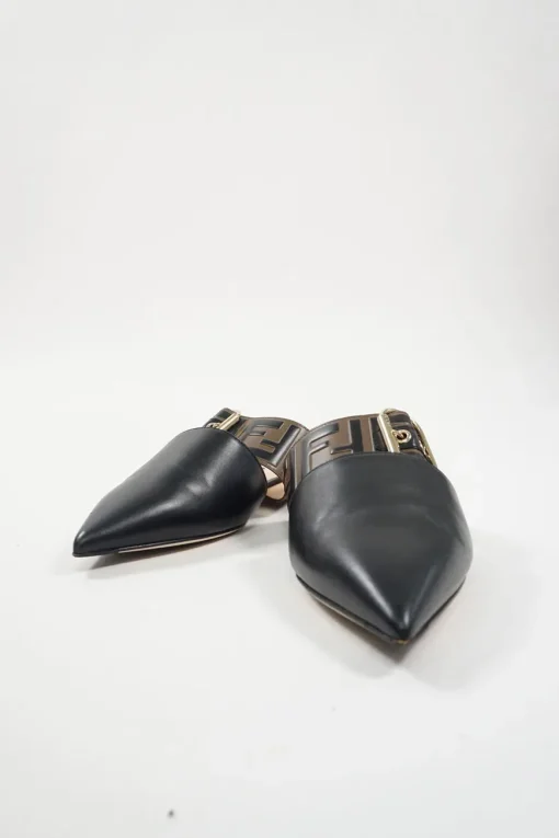 Black and brown polished calfskin slip-on Sabot Vitello FF buckle mules
