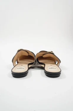 Black and brown polished calfskin slip-on Sabot Vitello FF buckle mules
