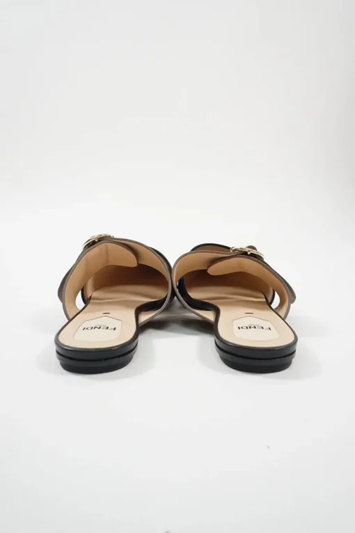 Black and brown polished calfskin slip-on Sabot Vitello FF buckle mules