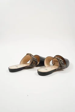 Black and brown polished calfskin slip-on Sabot Vitello FF buckle mules