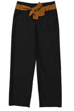 Black and brown wool tailored trousers with contrasting moiré belt