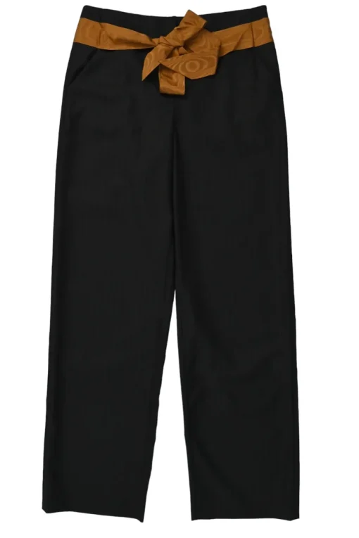 Black and brown wool tailored trousers with contrasting moiré belt