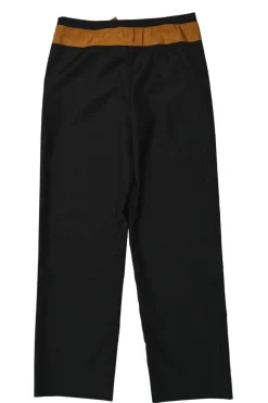Black and brown wool tailored trousers with contrasting moiré belt