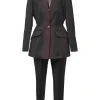 Black and burgundy degradé cotton-blend taffeta two-piece suit set featuring notch lapel tailored jacket and pleat-front tapered-leg trousers