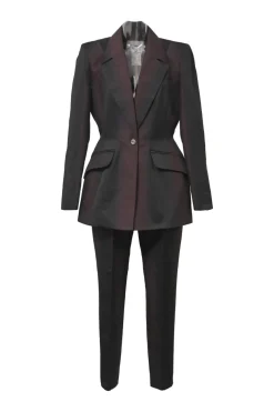 Black and burgundy degradé cotton-blend taffeta two-piece suit set featuring notch lapel tailored jacket and pleat-front tapered-leg trousers