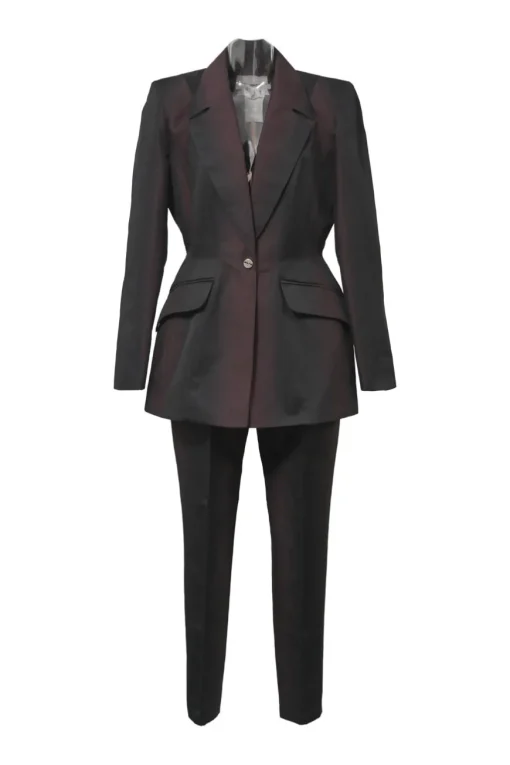 Black and burgundy degradé cotton-blend taffeta two-piece suit set featuring notch lapel tailored jacket and pleat-front tapered-leg trousers