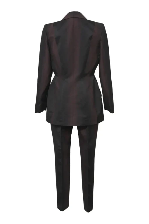 Black and burgundy degradé cotton-blend taffeta two-piece suit set featuring notch lapel tailored jacket and pleat-front tapered-leg trousers