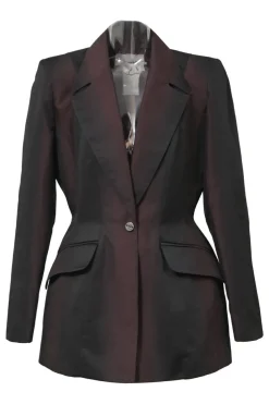 Black and burgundy degradé cotton-blend taffeta two-piece suit set featuring notch lapel tailored jacket and pleat-front tapered-leg trousers