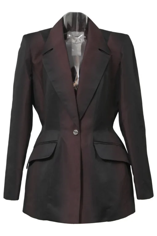 Black and burgundy degradé cotton-blend taffeta two-piece suit set featuring notch lapel tailored jacket and pleat-front tapered-leg trousers