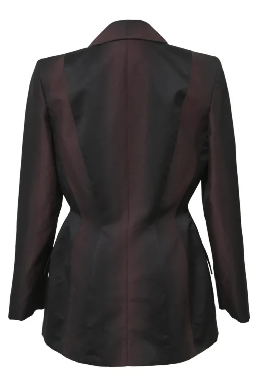 Black and burgundy degradé cotton-blend taffeta two-piece suit set featuring notch lapel tailored jacket and pleat-front tapered-leg trousers