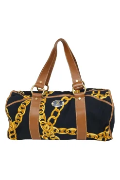 Black and camel leather-trimmed chainlink-print canvas boston bag with gold-tone hardware