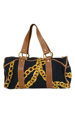 Black and camel leather-trimmed chainlink-print canvas boston bag with gold-tone hardware