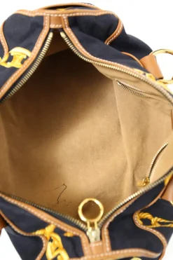 Black and camel leather-trimmed chainlink-print canvas boston bag with gold-tone hardware