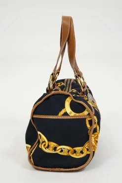 Black and camel leather-trimmed chainlink-print canvas boston bag with gold-tone hardware