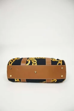 Black and camel leather-trimmed chainlink-print canvas boston bag with gold-tone hardware