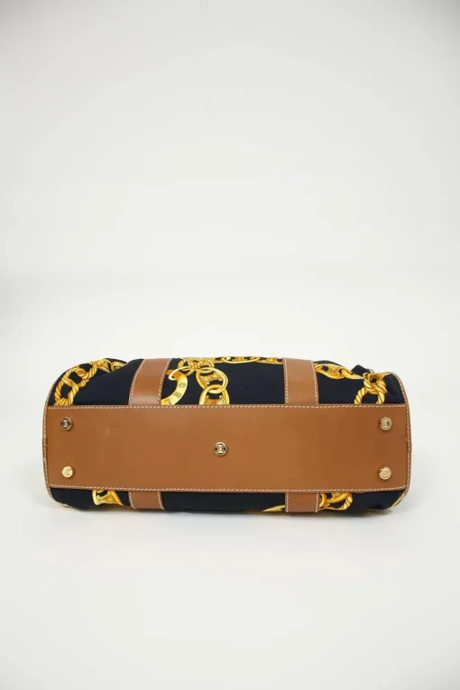 Black and camel leather-trimmed chainlink-print canvas boston bag with gold-tone hardware