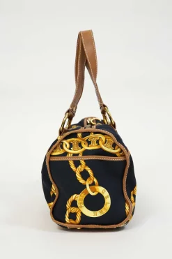 Black and camel leather-trimmed chainlink-print canvas boston bag with gold-tone hardware