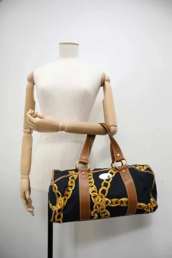 Black and camel leather-trimmed chainlink-print canvas boston bag with gold-tone hardware