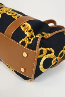 Black and camel leather-trimmed chainlink-print canvas boston bag with gold-tone hardware