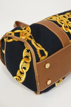 Black and camel leather-trimmed chainlink-print canvas boston bag with gold-tone hardware
