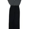Black and charcoal pinstripe paneled polyester-wool blend plunge wrap-effect tailored jumpsuit