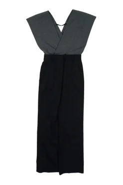 Black and charcoal pinstripe paneled polyester-wool blend plunge wrap-effect tailored jumpsuit