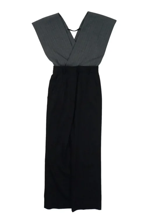 Black and charcoal pinstripe paneled polyester-wool blend plunge wrap-effect tailored jumpsuit