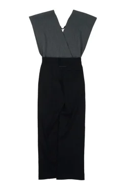 Black and charcoal pinstripe paneled polyester-wool blend plunge wrap-effect tailored jumpsuit