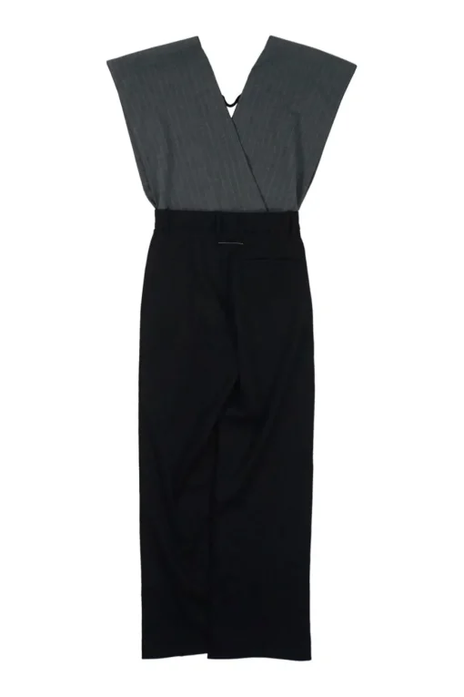Black and charcoal pinstripe paneled polyester-wool blend plunge wrap-effect tailored jumpsuit