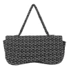 Black and charcoal woolcrochet knit shawl collar robe jacket, apron-style handkerchief skirt and shoulder bag three-piece set