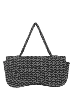 Black and charcoal woolcrochet knit shawl collar robe jacket, apron-style handkerchief skirt and shoulder bag three-piece set