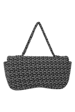 Black and charcoal woolcrochet knit shawl collar robe jacket, apron-style handkerchief skirt and shoulder bag three-piece set