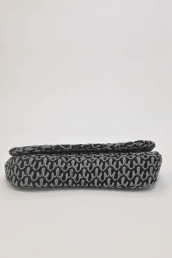 Black and charcoal woolcrochet knit shawl collar robe jacket, apron-style handkerchief skirt and shoulder bag three-piece set