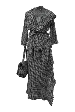 Black and charcoal woolcrochet knit shawl collar robe jacket, apron-style handkerchief skirt and shoulder bag three-piece set