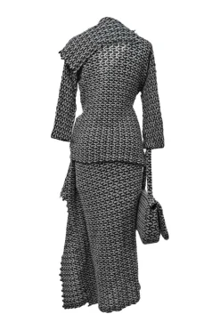 Black and charcoal woolcrochet knit shawl collar robe jacket, apron-style handkerchief skirt and shoulder bag three-piece set