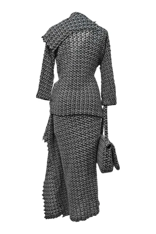 Black and charcoal woolcrochet knit shawl collar robe jacket, apron-style handkerchief skirt and shoulder bag three-piece set