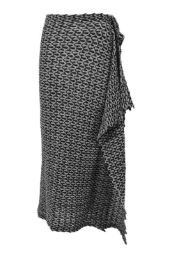 Black and charcoal woolcrochet knit shawl collar robe jacket, apron-style handkerchief skirt and shoulder bag three-piece set