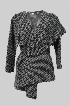 Black and charcoal woolcrochet knit shawl collar robe jacket, apron-style handkerchief skirt and shoulder bag three-piece set