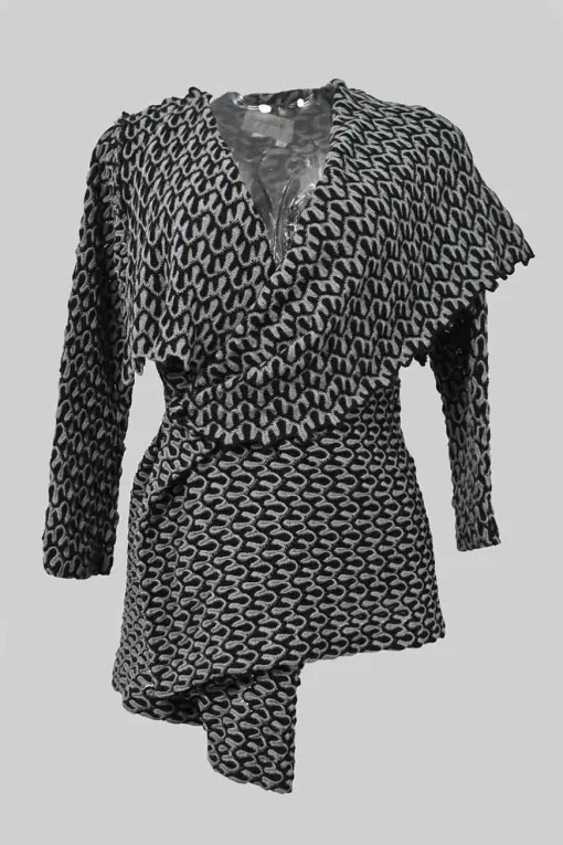Black and charcoal woolcrochet knit shawl collar robe jacket, apron-style handkerchief skirt and shoulder bag three-piece set