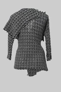 Black and charcoal woolcrochet knit shawl collar robe jacket, apron-style handkerchief skirt and shoulder bag three-piece set