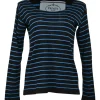 Black and cobalt blue striped piqué knit scoop neck pullover long sleeve top