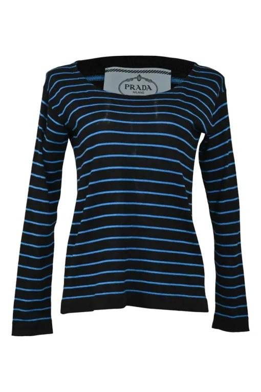 Black and cobalt blue striped piqué knit scoop neck pullover long sleeve top