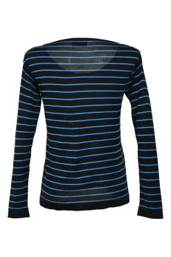Black and cobalt blue striped piqué knit scoop neck pullover long sleeve top