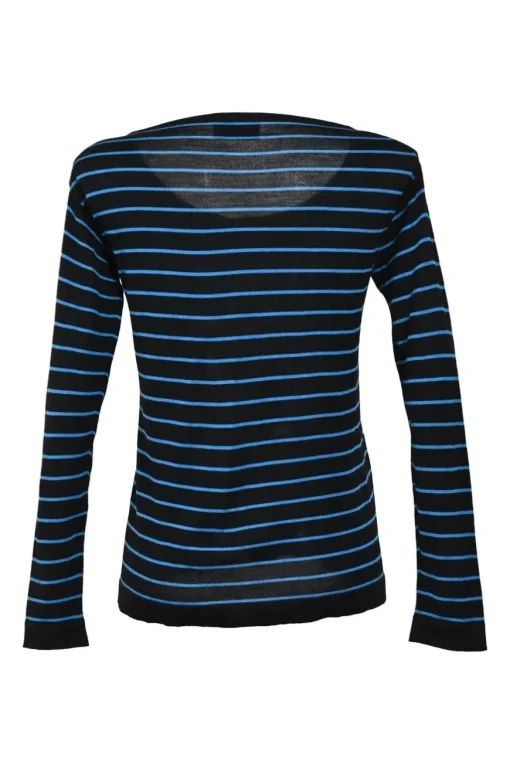 Black and cobalt blue striped piqué knit scoop neck pullover long sleeve top