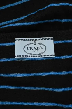 Black and cobalt blue striped piqué knit scoop neck pullover long sleeve top