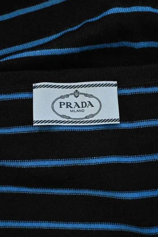 Black and cobalt blue striped piqué knit scoop neck pullover long sleeve top