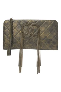 Black and copper aged matelassé leather CC chain wristlet clutch