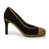 Black and copper suede and leather round-toe platform pumps with contrast cap toe and metallic Coco Mark heel appliqué