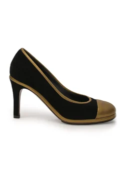 Black and copper suede and leather round-toe platform pumps with contrast cap toe and metallic Coco Mark heel appliqué