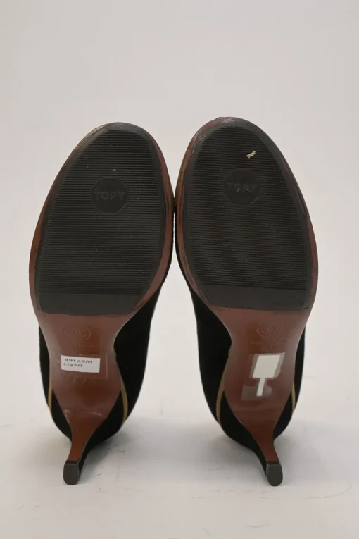 Black and copper suede and leather round-toe platform pumps with contrast cap toe and metallic Coco Mark heel appliqué